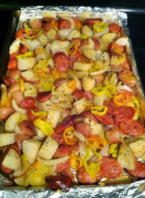 OVEN-ROASTED SAUSAGES, POTATOES, AND PEPPERS